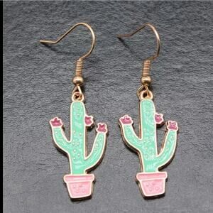 Gold tone enamel pink and green cactus earrings